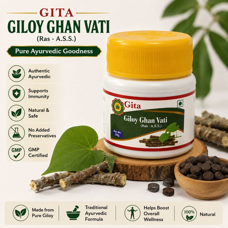 Giloy Ghan Vati, Guduchi Tablets, Ayurvedic Immunity Booster, Giloy Tablets, Ayurvedic Wellness Supplement, Natural Immunity Support, Gita Ayurved, Herbal Immunity Tablets, Guduchi Vati, Ayurvedic Health Care.
